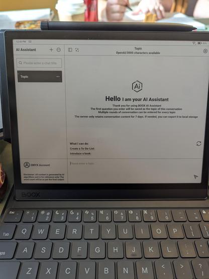 A Boox e-ink tablet showing an "AI Assistant" screen