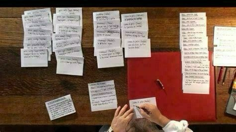 A wooden table viewed from above with neat columns of paper notes arranged on it.
