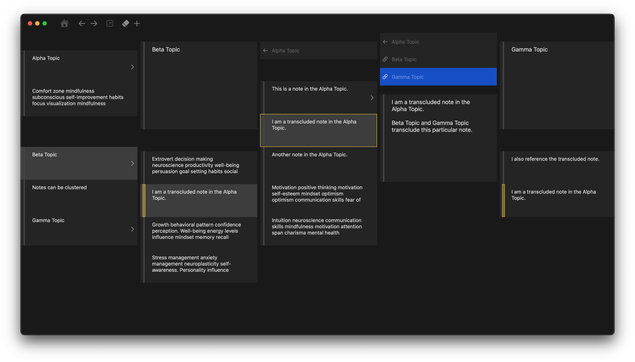 A Mac app showing Miller Columns of nested notes, demonstrating transclusion highlighting.