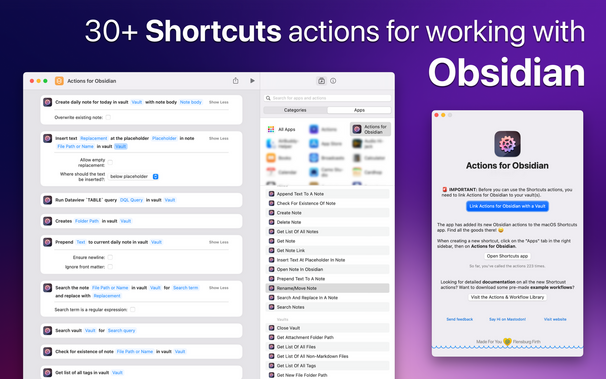 App Store screenshot for Actions for Obsidian, containing a screenshot of the Shortcuts app workflow editor to the left and the main window of AfO on the right. There’s a headline, “30+ Shortcuts actions for working with Obsidian”
