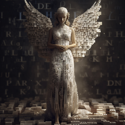 A white angel composed of millions of tiny blocks, in a room composed of tiny wooden alphabet blocks.