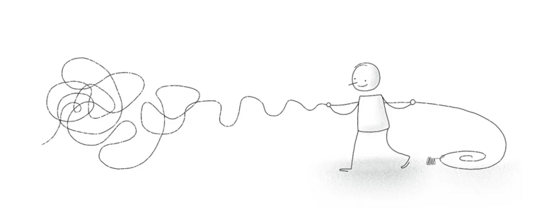 Simple line drawing showing a figure gently pulling on a tangled line, and coaxing it into a smooth coil.