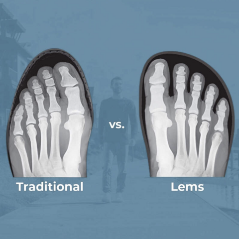 Two diagrams showing an x-ray view of a foot inside a shoe. The one on the left gets narrower toward the top, and reveals the bones of the foot crowded and curving to fit the shape. The one on the right gets wider toward the top, and shows all toes in straight alignment with a comfortable amount of space between each.